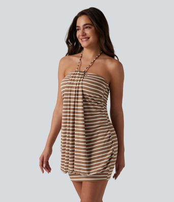 Robe moulante micro-mini à rayures en maille côtelée, dos nu à nouer et soutien-gorge intégré