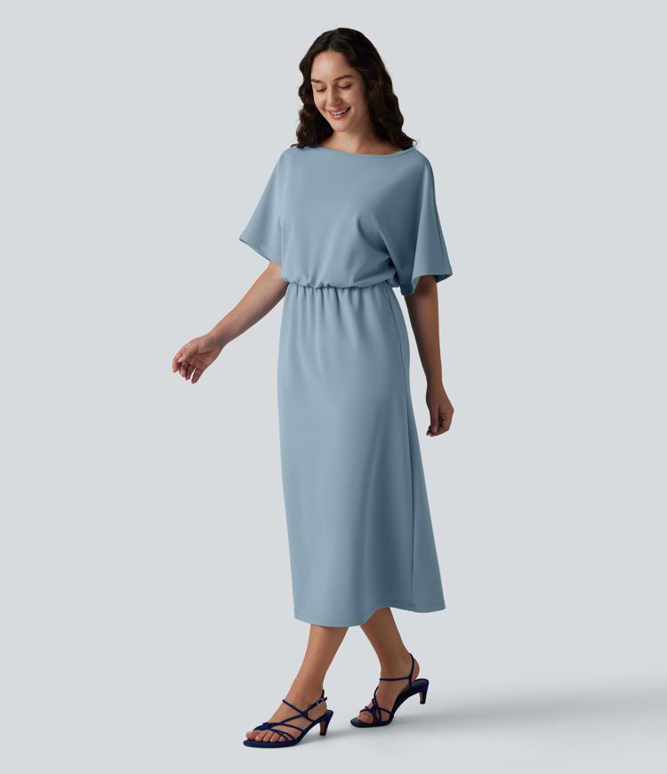 Robe tailleur midi infroissable col bateau manches courtes