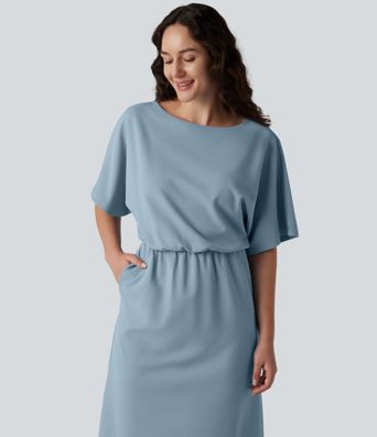 Robe tailleur midi infroissable col bateau manches courtes