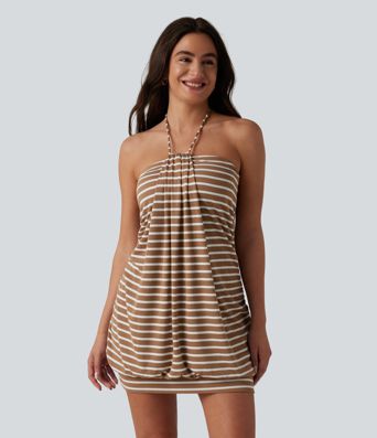 Robe moulante micro-mini à rayures en maille côtelée, dos nu à nouer et soutien-gorge intégré