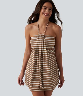 Robe moulante micro-mini à rayures en maille côtelée, dos nu à nouer et soutien-gorge intégré