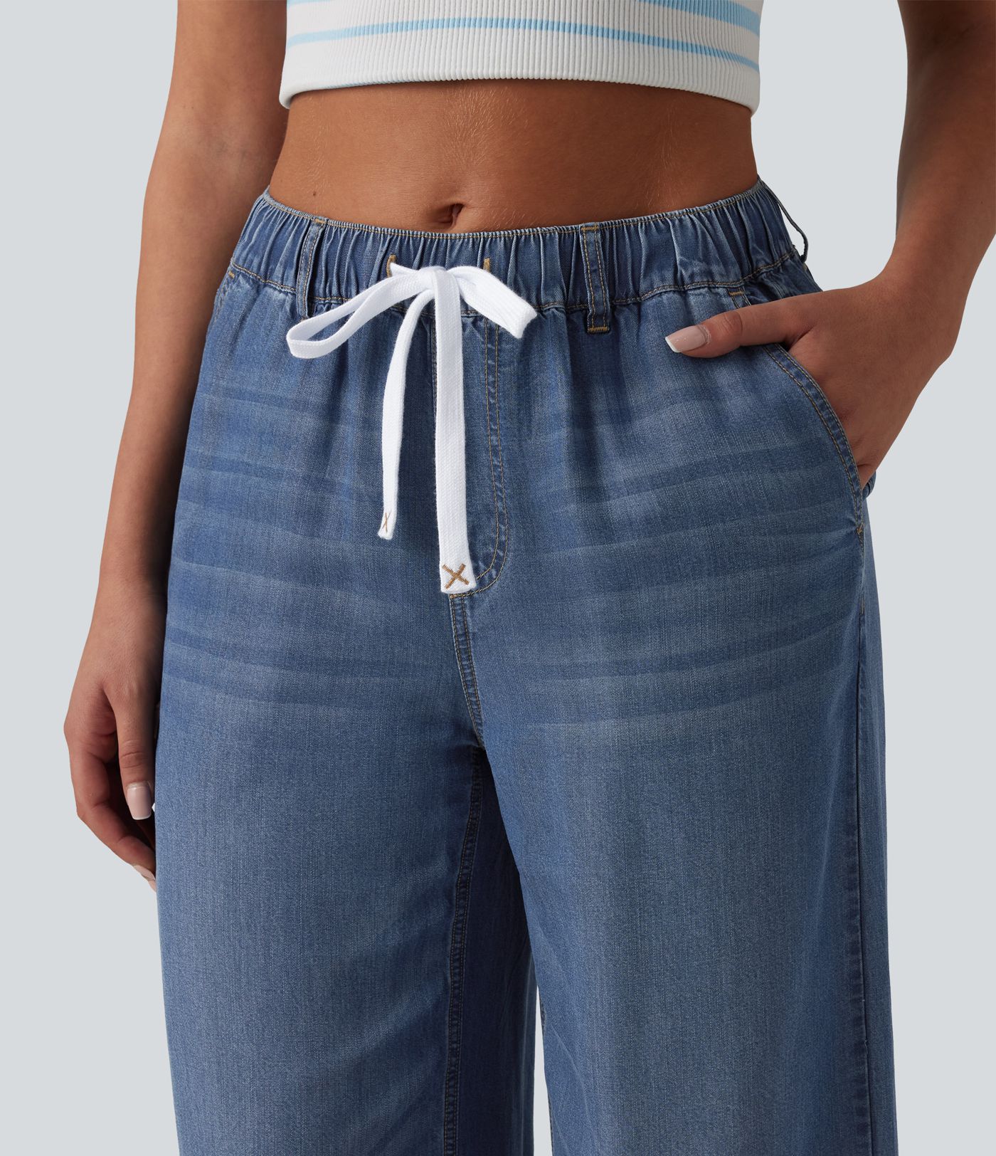 Mid Rise Drawstring Casual Jeans with Pockets Mid Rise Drawstring Casual Jeans with Pockets