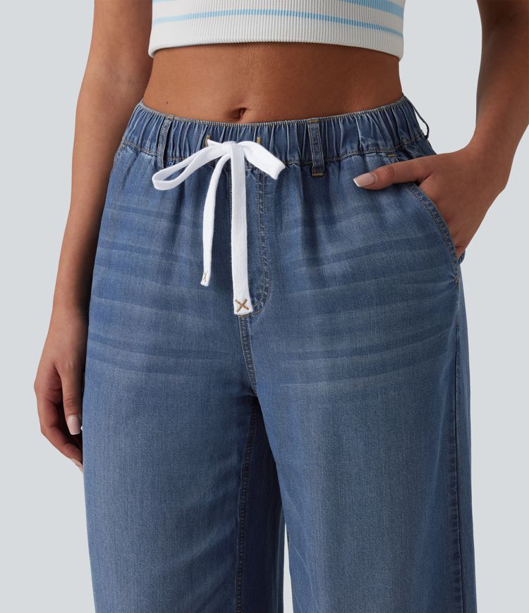 Mid Rise Drawstring Casual Jeans with Pockets