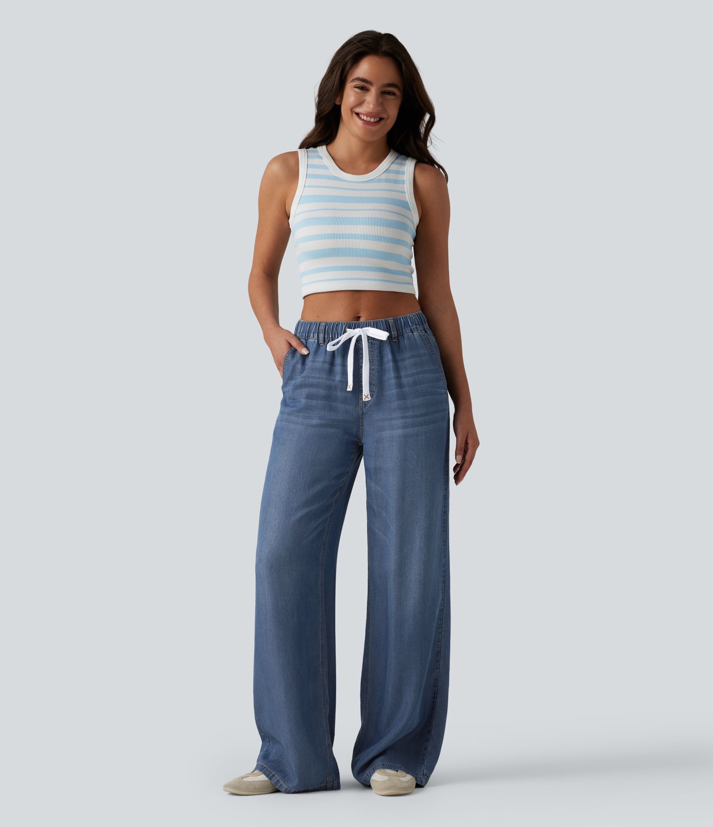 Mid Rise Drawstring Casual Jeans with Pockets Mid Rise Drawstring Casual Jeans with Pockets