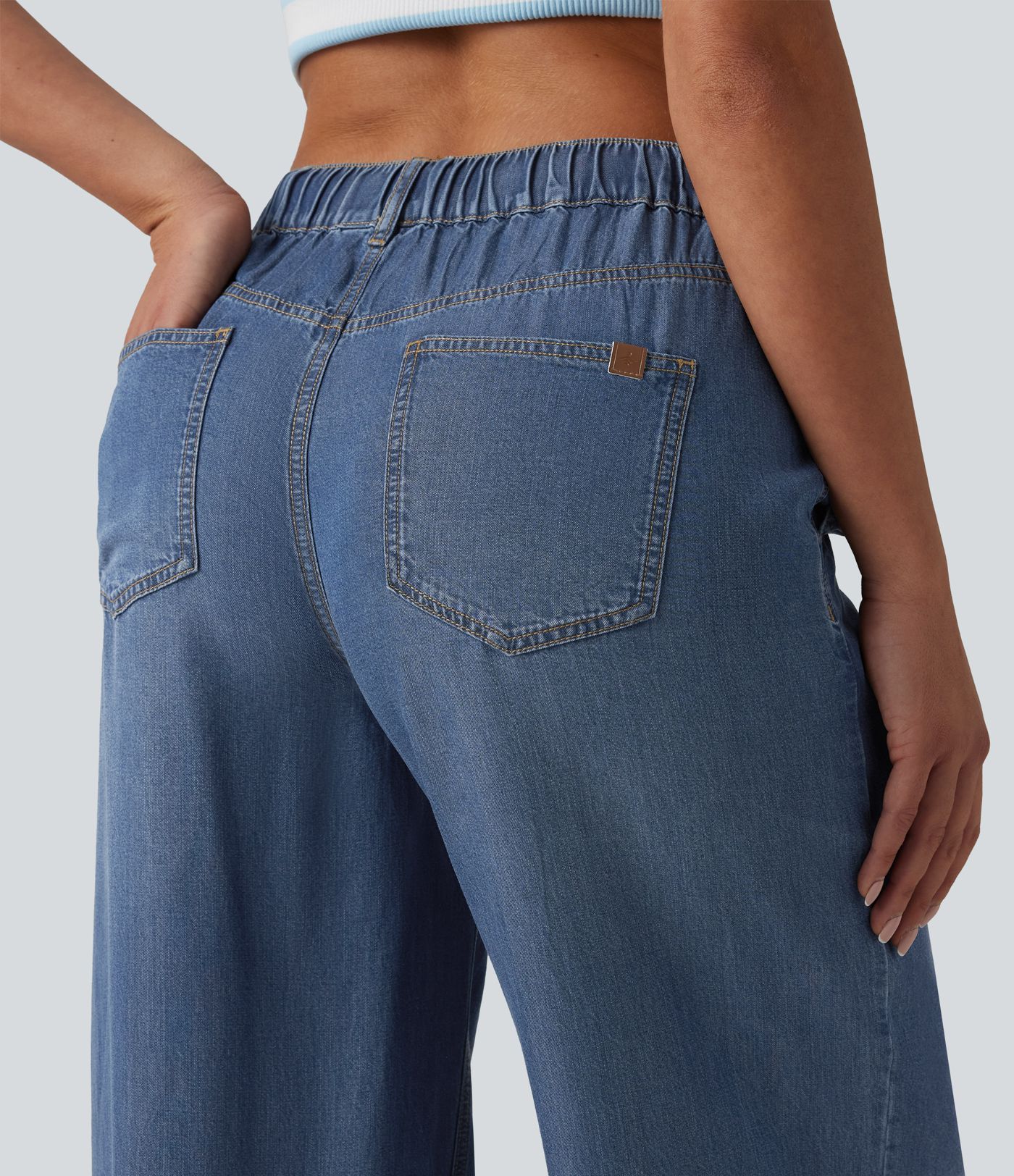 Mid Rise Drawstring Casual Jeans with Pockets Mid Rise Drawstring Casual Jeans with Pockets