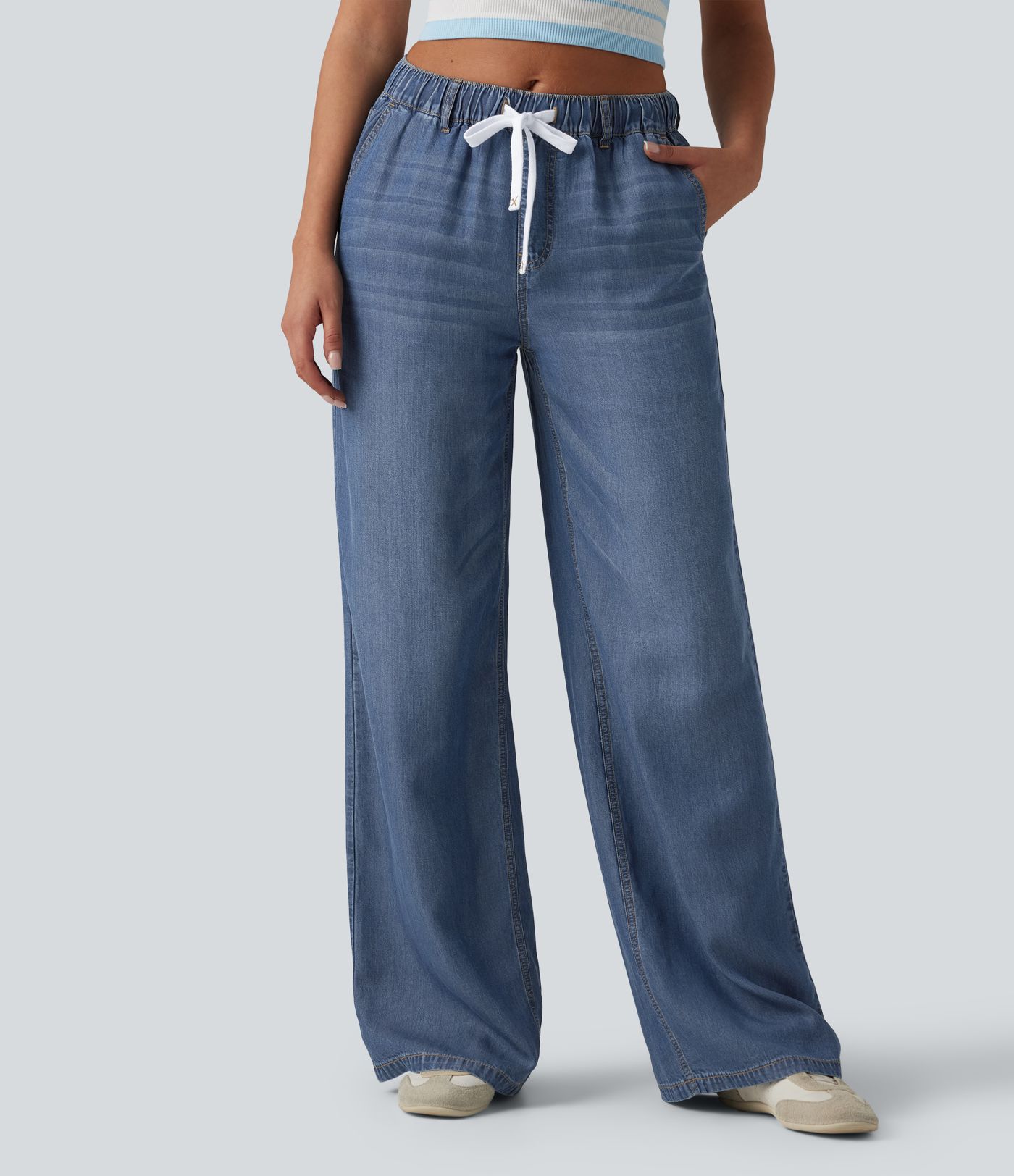 Mid Rise Drawstring Casual Jeans with Pockets Mid Rise Drawstring Casual Jeans with Pockets