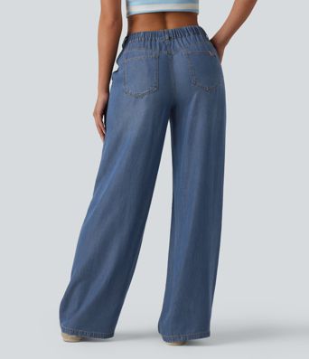 Mid Rise Drawstring Casual Jeans with Pockets