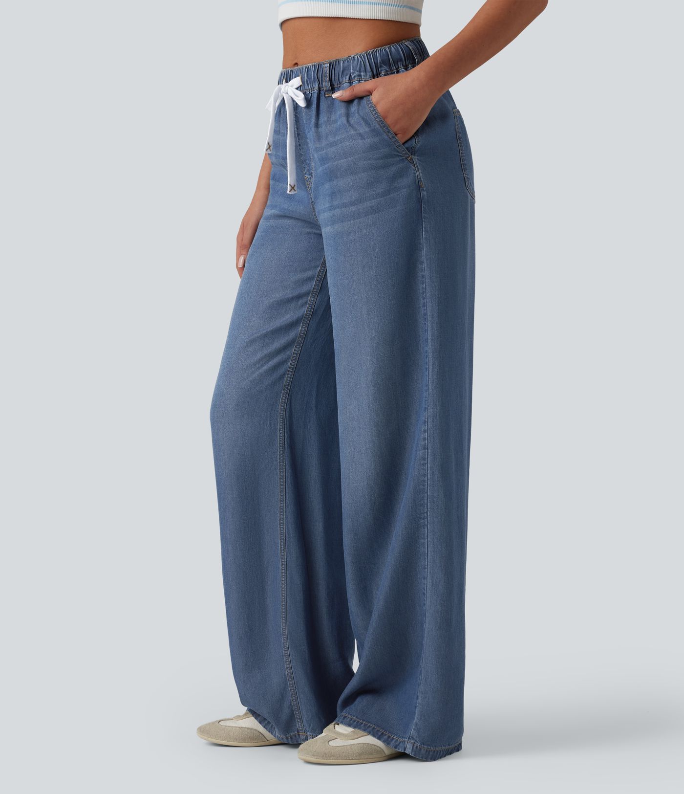 Mid Rise Drawstring Casual Jeans with Pockets Mid Rise Drawstring Casual Jeans with Pockets