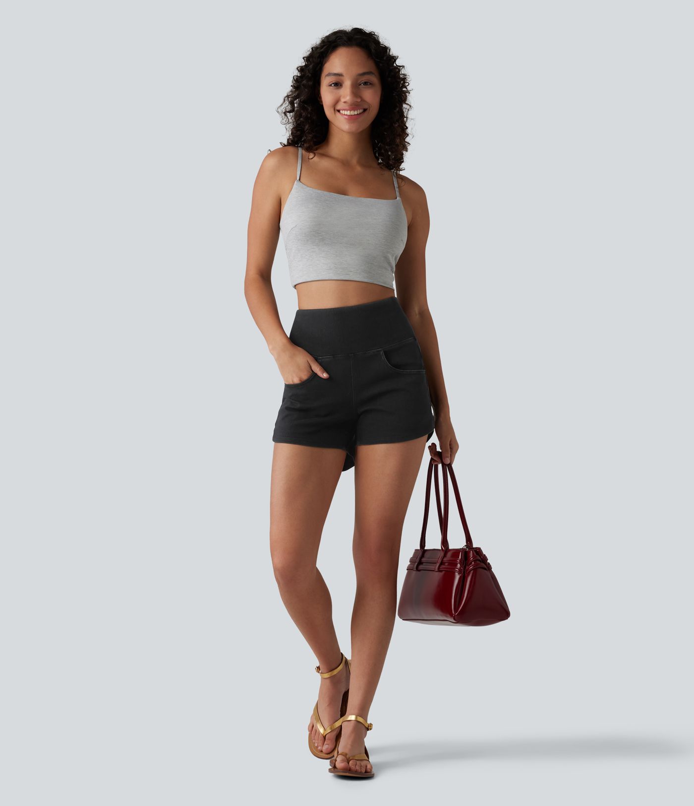 Halara Flex™ High Waisted Tummy Control Curved Hem Skinny Denim Casual Shorts with Pockets