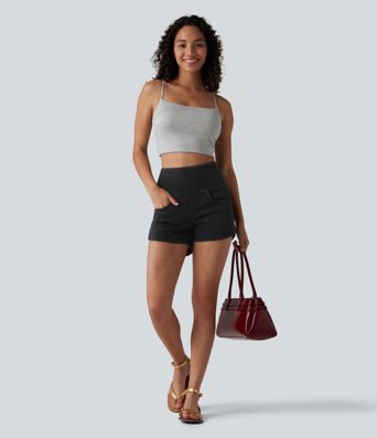 Halara Flex™ High Waisted Tummy Control Curved Hem Skinny Denim Casual Shorts with Pockets