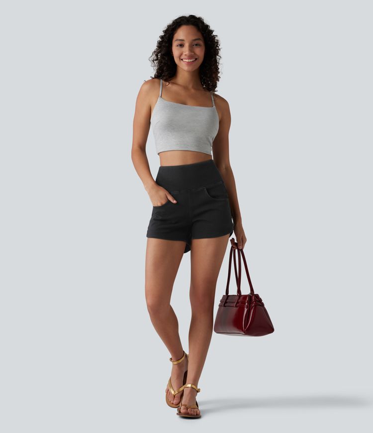 Halara Flex™ High Waisted Tummy Control Curved Hem Skinny Denim Casual Shorts with Pockets