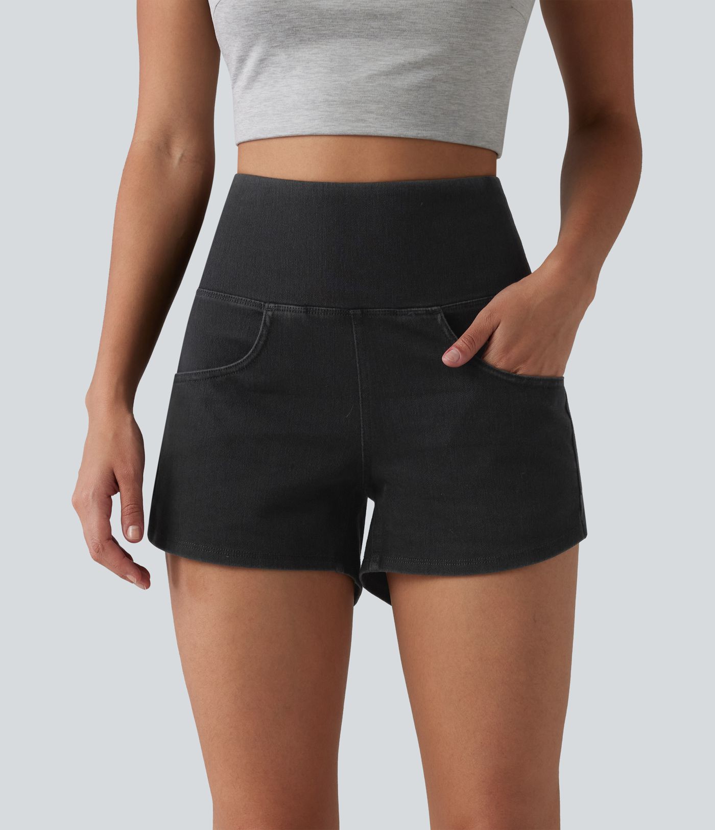 Halara Flex™ High Waisted Tummy Control Curved Hem Skinny Denim Casual Shorts with Pockets
