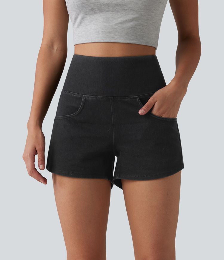 Halara Flex™ High Waisted Tummy Control Curved Hem Skinny Denim Casual Shorts with Pockets