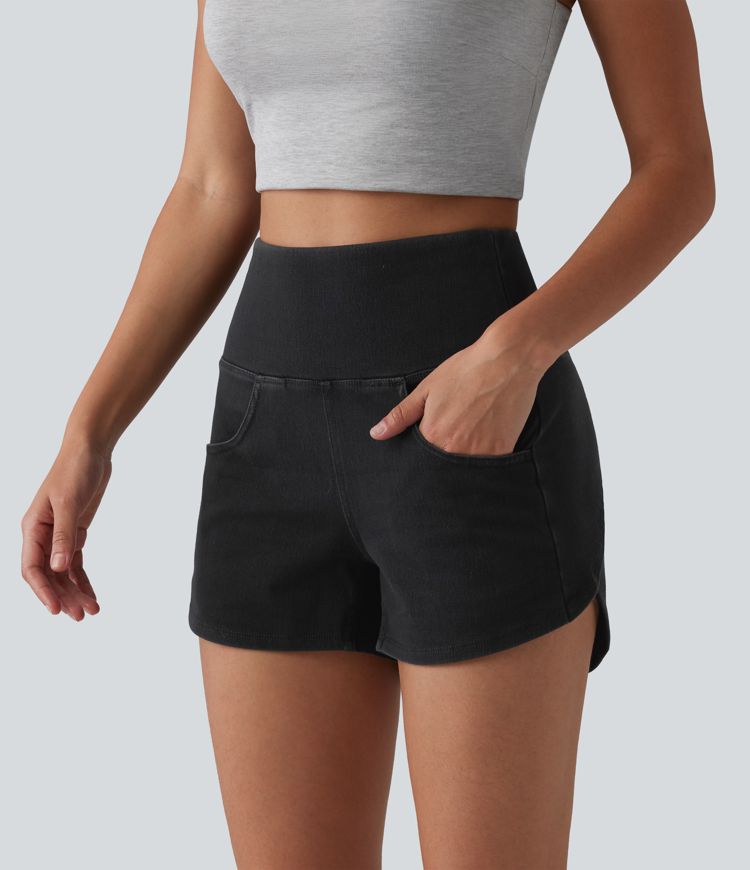 Halara Flex™ High Waisted Tummy Control Curved Hem Skinny Denim Casual Shorts with Pockets