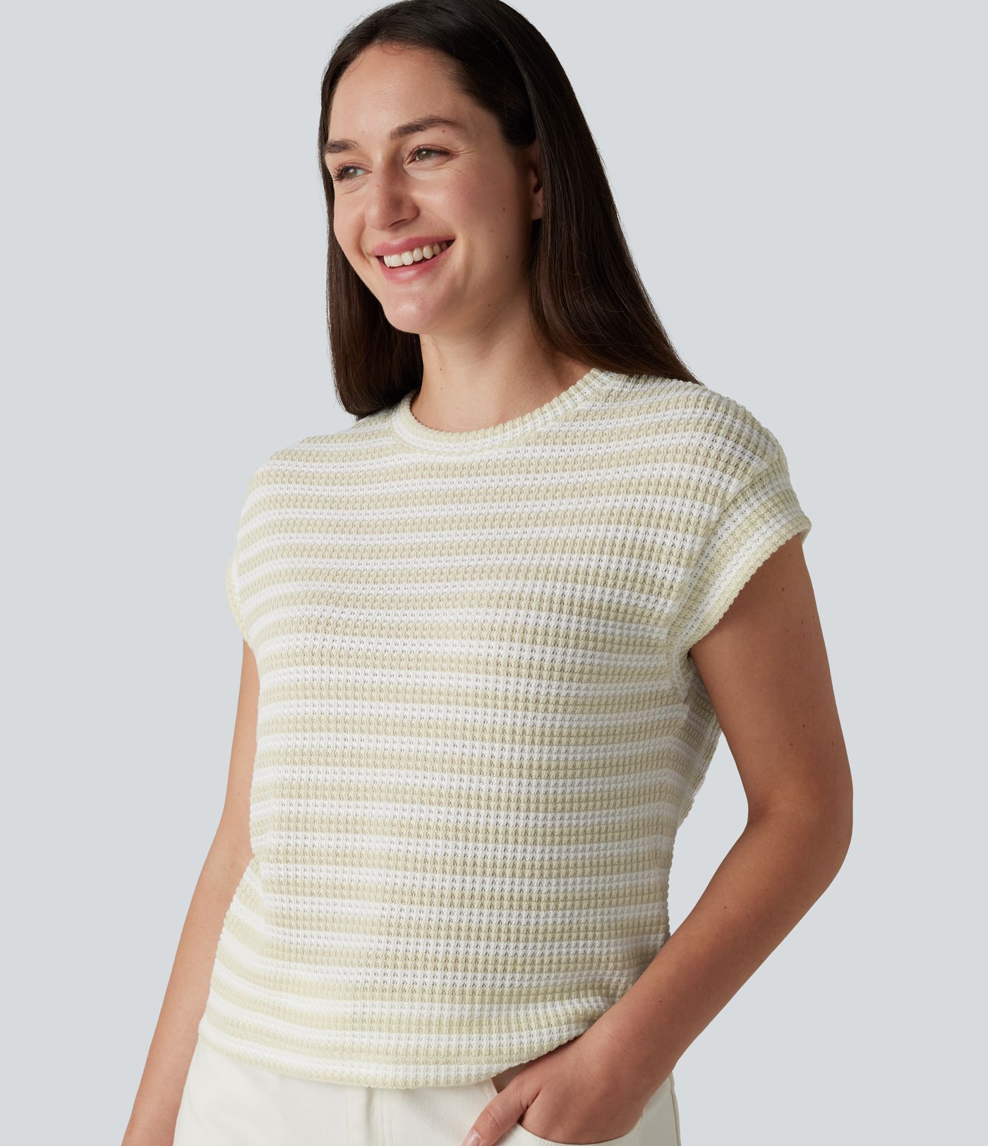 Round Neck Cap Sleeve Stripe Knitted Casual T-Shirt