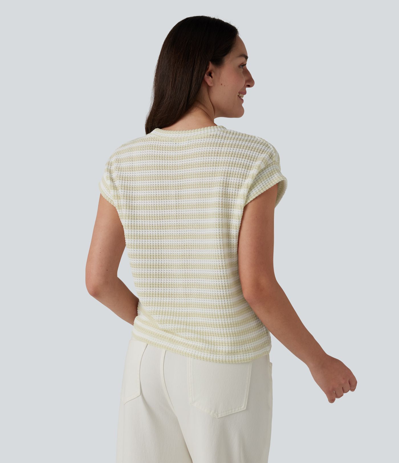 Round Neck Cap Sleeve Stripe Knitted Casual T-Shirt