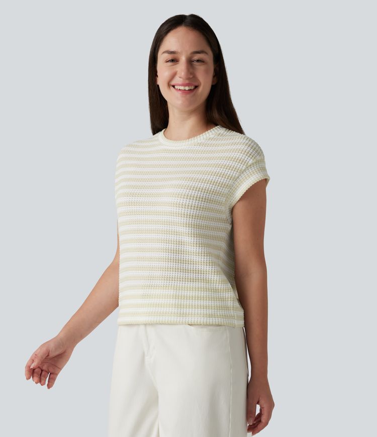 Round Neck Cap Sleeve Stripe Knitted Casual T-Shirt