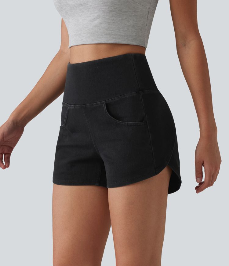 Halara Flex™ High Waisted Tummy Control Curved Hem Skinny Denim Casual Shorts with Pockets