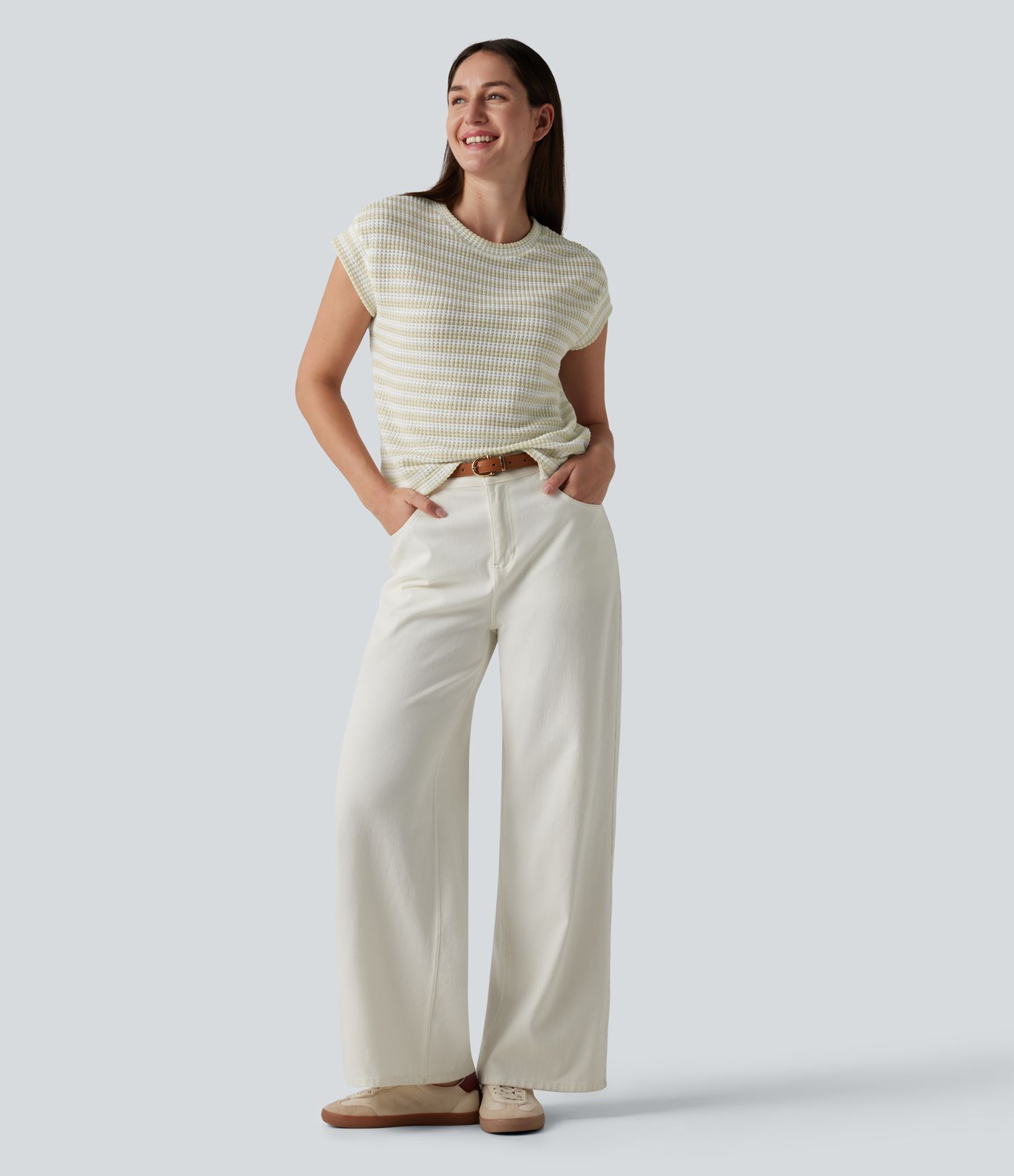 Round Neck Cap Sleeve Stripe Knitted Casual T-Shirt