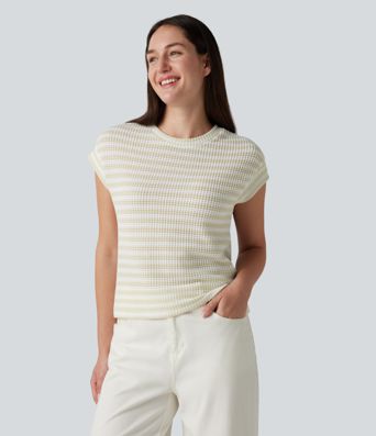 Round Neck Cap Sleeve Stripe Knitted Casual T-Shirt