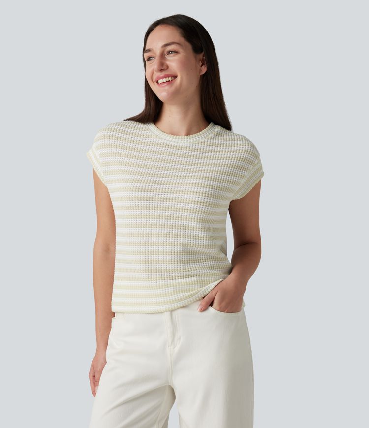 Round Neck Cap Sleeve Stripe Knitted Casual T-Shirt