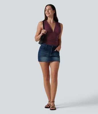 Ribbed V Neck Sleeveless Built-in Bra Ruched Casual Bodysuit Ribbed V Neck Sleeveless Built-in Bra Ruched Casual Bodysuit