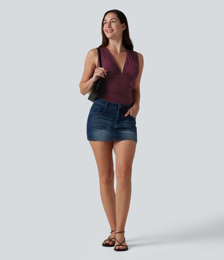 Ribbed V Neck Sleeveless Built-in Bra Ruched Casual Bodysuit Ribbed V Neck Sleeveless Built-in Bra Ruched Casual Bodysuit