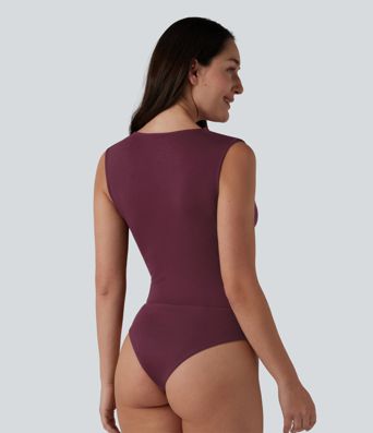 Ribbed V Neck Sleeveless Built-in Bra Ruched Casual Bodysuit Ribbed V Neck Sleeveless Built-in Bra Ruched Casual Bodysuit