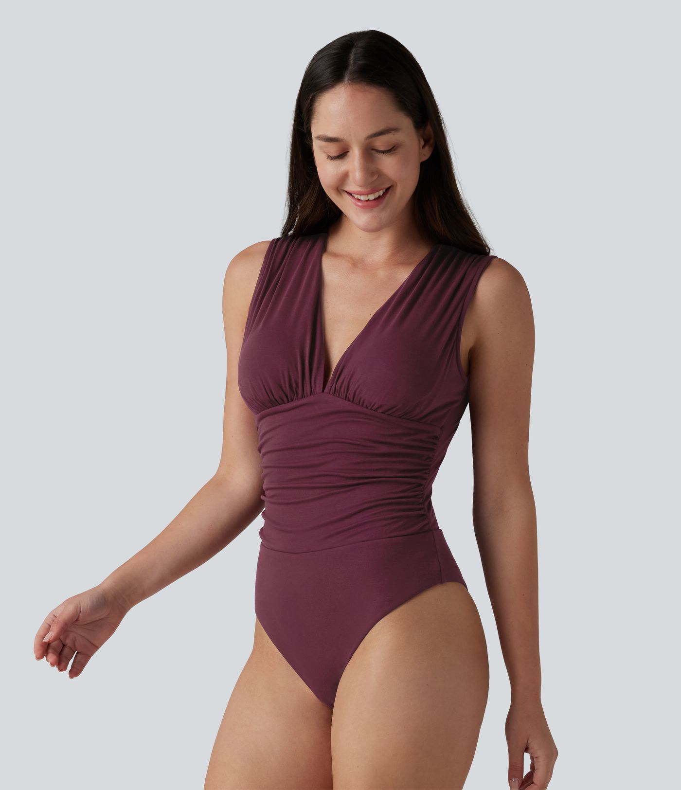 Ribbed V Neck Sleeveless Built-in Bra Ruched Casual Bodysuit Ribbed V Neck Sleeveless Built-in Bra Ruched Casual Bodysuit