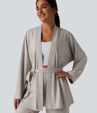 Open Front Long Sleeve Belted Lounge Top