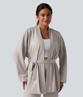 Open Front Long Sleeve Belted Lounge Top