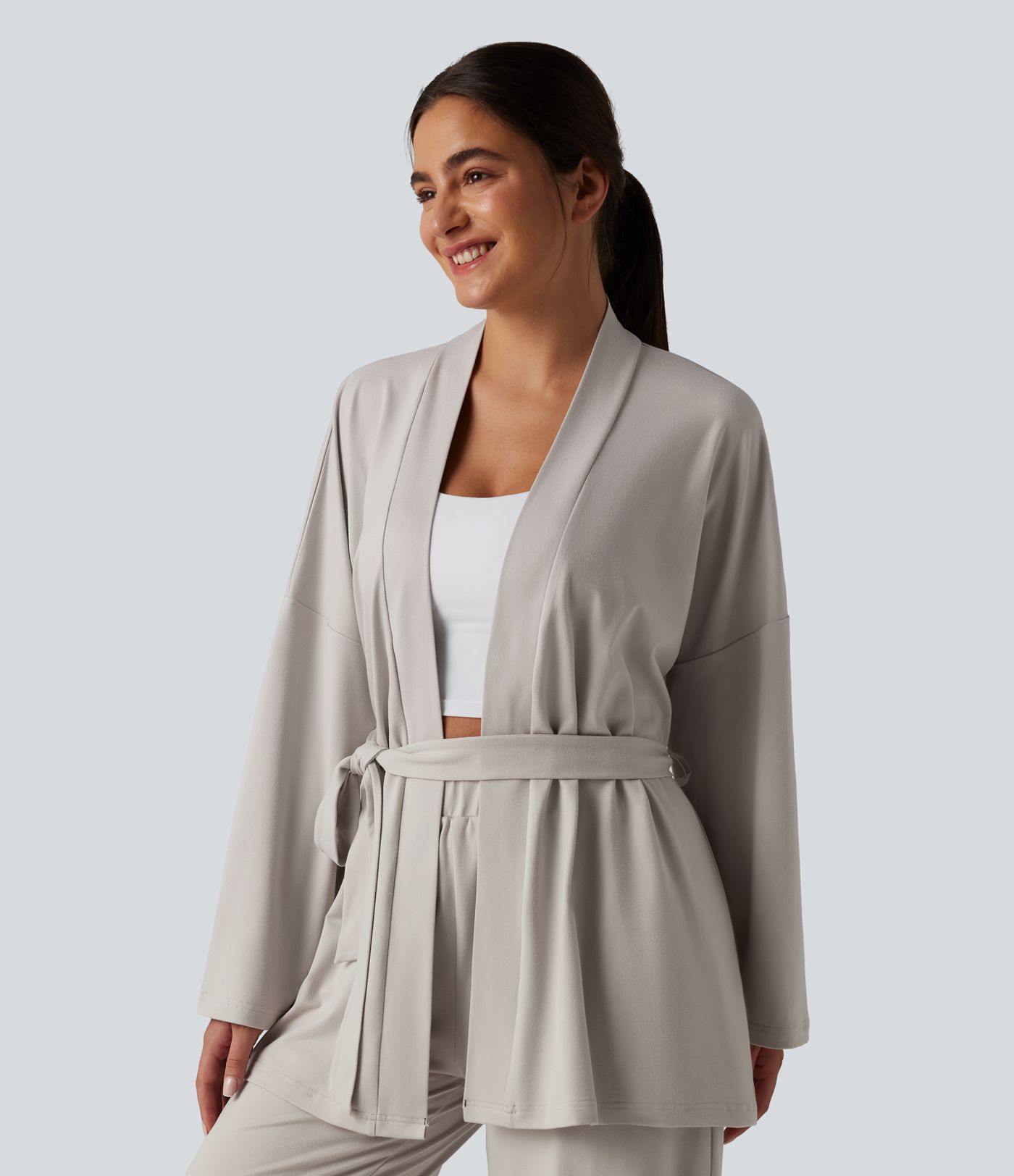 Open Front Long Sleeve Belted Lounge Top