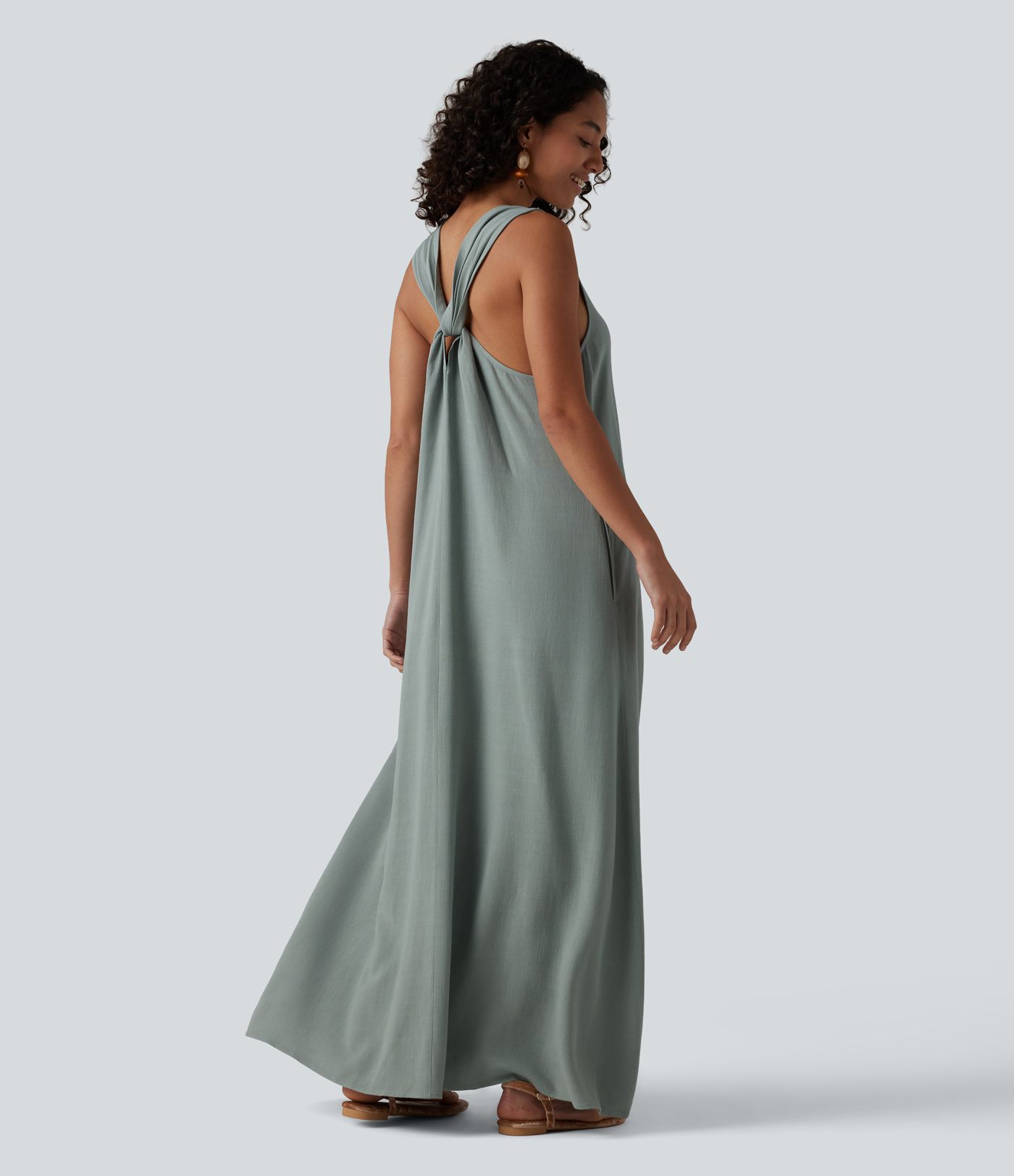 U-Neck Sleeveless Twisted-back Maxi Resort Linen-Blend Flowy Dress with Pockets