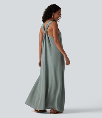 U-Neck Sleeveless Twisted-back Maxi Resort Linen-Blend Flowy Dress with Pockets