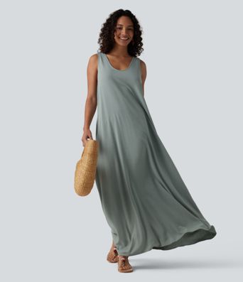 U-Neck Sleeveless Twisted-back Maxi Resort Linen-Blend Flowy Dress with Pockets