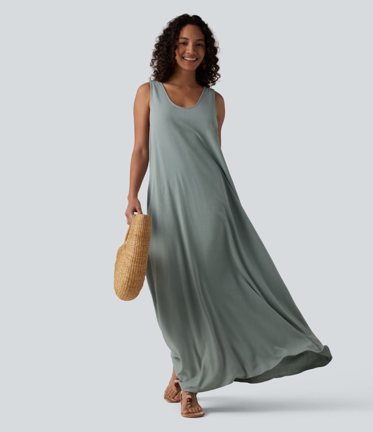 U-Neck Sleeveless Twisted-back Maxi Resort Linen-Blend Flowy Dress with Pockets