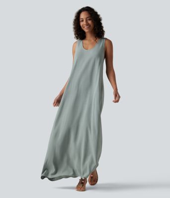 U-Neck Sleeveless Twisted-back Maxi Resort Linen-Blend Flowy Dress with Pockets