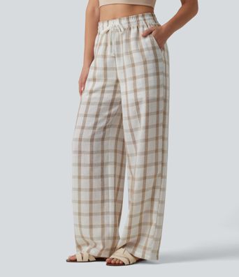 High Waisted Drawstring Plaid Linen-Feel Casual Baggy Pants with Pockets