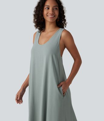 U-Neck Sleeveless Twisted-back Maxi Resort Linen-Blend Flowy Dress with Pockets