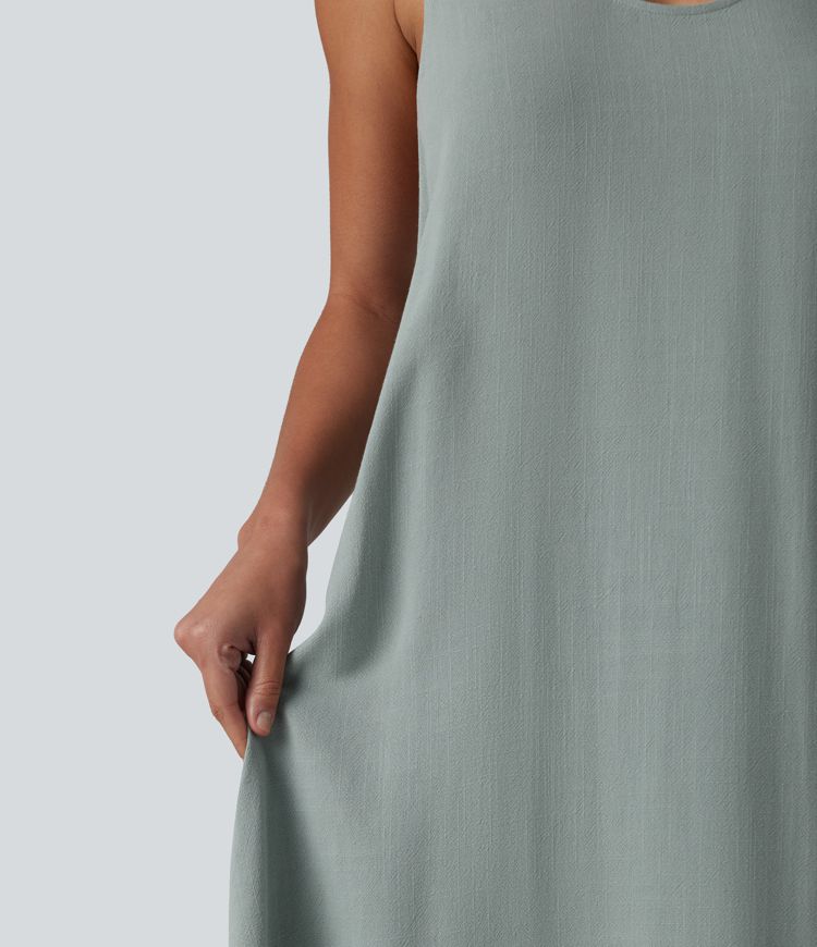 U-Neck Sleeveless Twisted-back Maxi Resort Linen-Blend Flowy Dress with Pockets