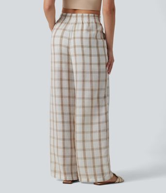 High Waisted Drawstring Plaid Linen-Feel Casual Baggy Pants with Pockets