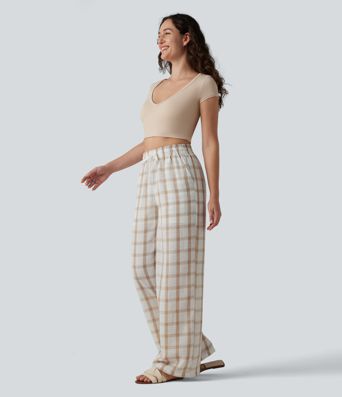 High Waisted Drawstring Plaid Linen-Feel Casual Baggy Pants with Pockets