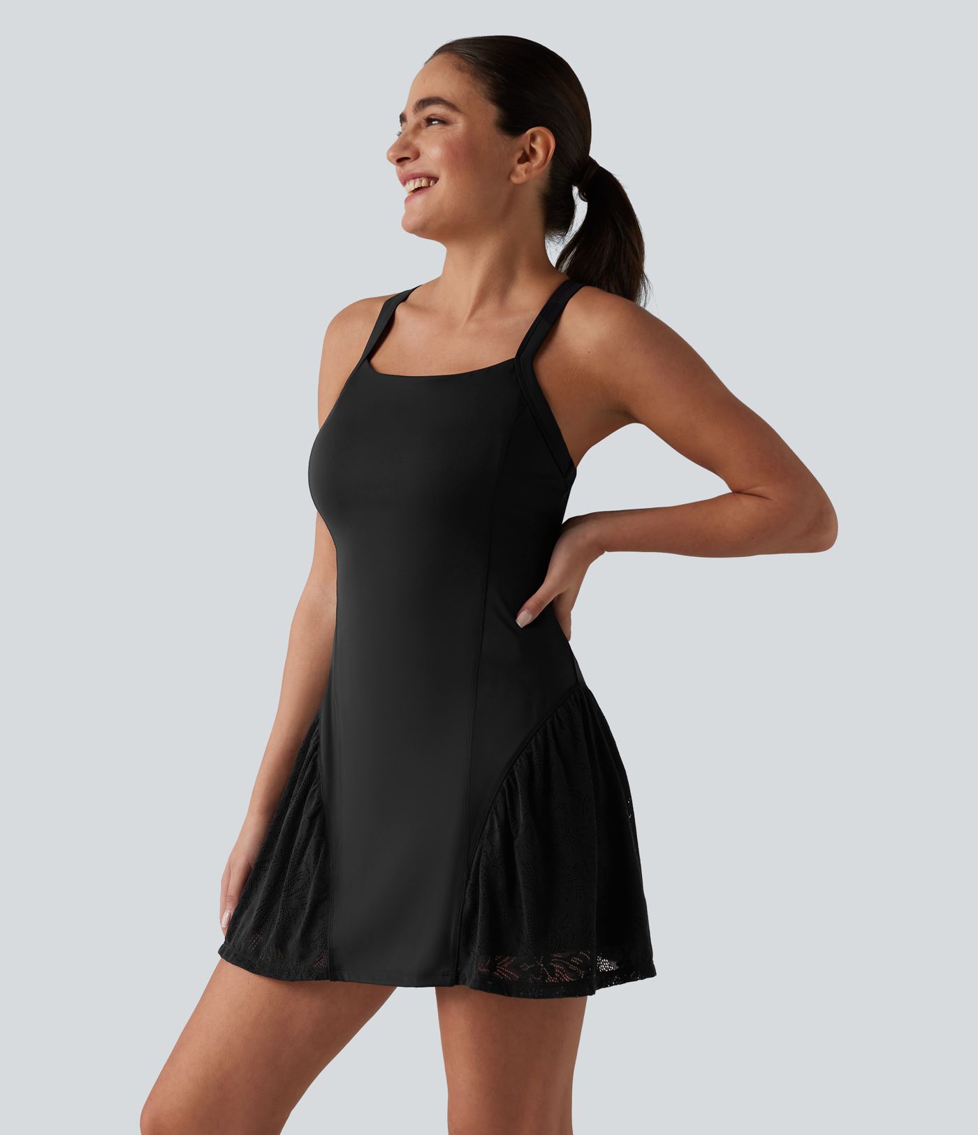 SoftlyZero™ Airy Crisscross Back Contrast Lace Built-in Bra Cool Touch Tennis Active Dress with Pockets-Easy Peezy-UPF50+