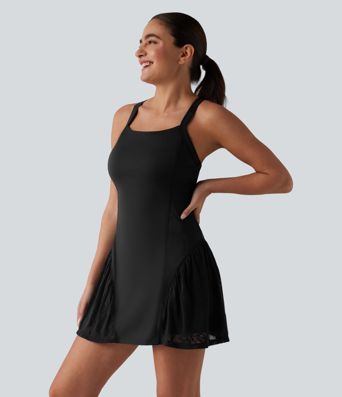 SoftlyZero™ Airy Crisscross Back Contrast Lace Built-in Bra Cool Touch Tennis Active Dress with Pockets-Easy Peezy-UPF50+