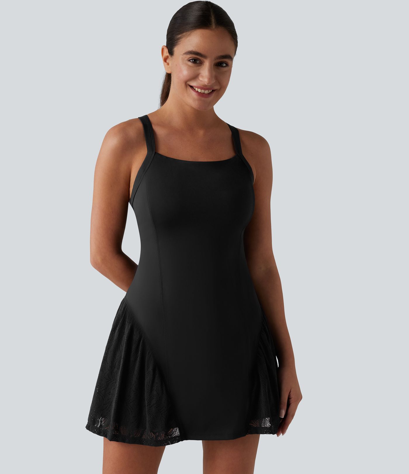 SoftlyZero™ Airy Crisscross Back Contrast Lace Built-in Bra Cool Touch Tennis Active Dress with Pockets-Easy Peezy-UPF50+