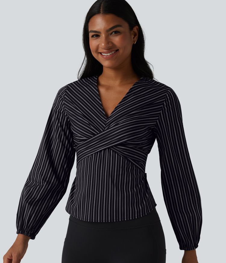 Ebony Line Stripe Gestreifte Business-Bluse mit V-Ausschnitt, langen Ärmeln und Rückenknoten / 1