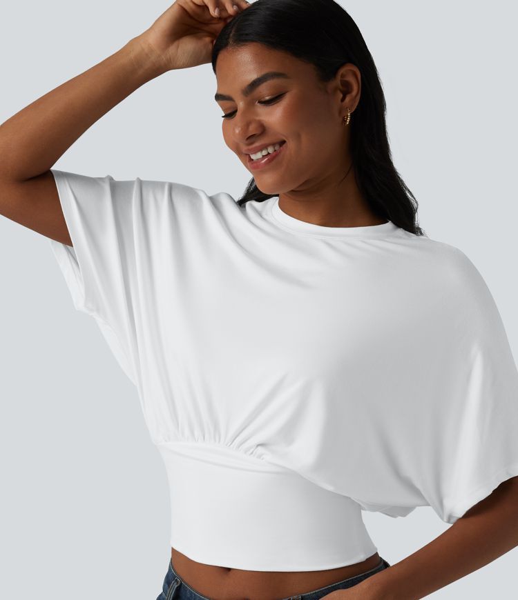White Round Neck Batwing Sleeve Casual Top / 1
