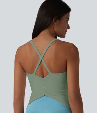 Caraco de yoga col rond échancré à dos croisé et ourlet croisé avec brassière intégrée — Bonnets E-G Caraco de yoga col rond échancré à dos croisé et ourlet croisé avec brassière intégrée — Bonnets E-G