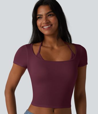 Ribbed Halter Tie Back Built-in Bra Short Sleeve Cropped Casual T-Shirt