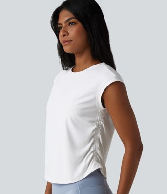 SoftlyZero™ QuickDry Round Neck Cap Sleeve Ruched Curved Hem Yoga Sports Top SoftlyZero™ QuickDry Round Neck Cap Sleeve Ruched Curved Hem Yoga Sports Top